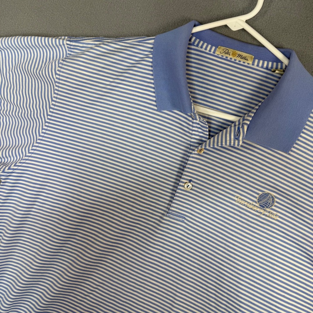 Peter Millar Mens Large Blue White Striped Mercerized Cotton Turnberry Isle Polo